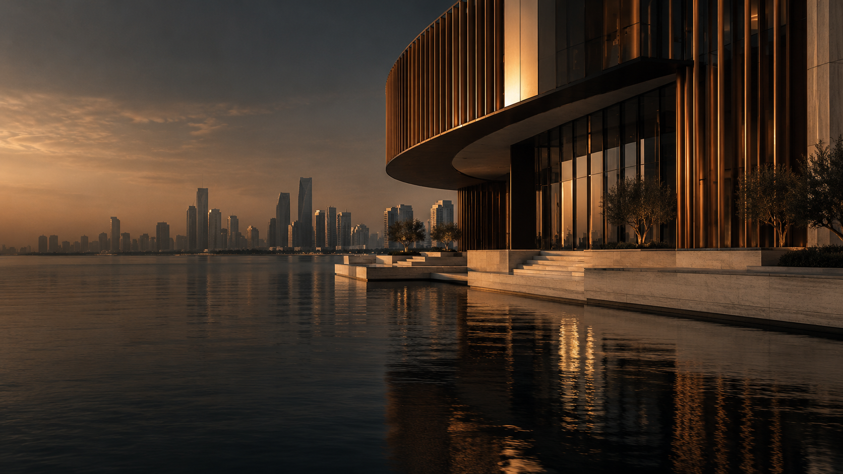 Bronze architectural lines meeting an open waterfront horizon