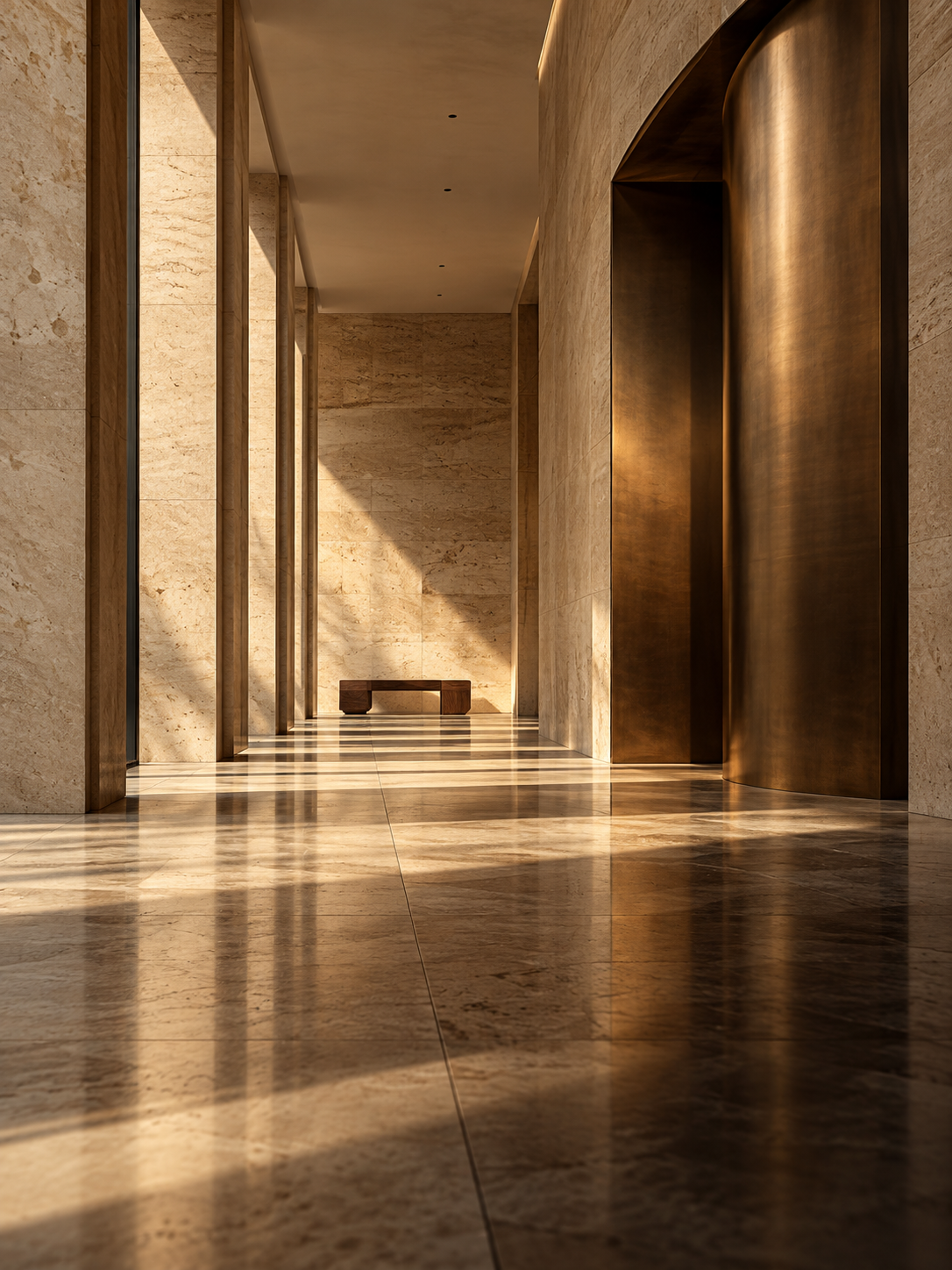 Light crossing travertine and bronze in a quiet architectural gallery